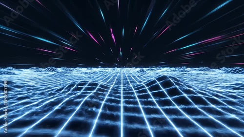 A dark, digital landscape with glowing blue grid-lines forming mountains, and red light rays