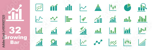 Growing graphic chart icon set of 32, design element suitable for websites, print design or app. Growth icon set. Containing arrow up, growing graph, business chart icons. Vector illustration.