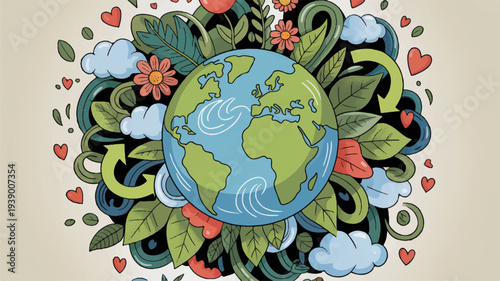 Earth surrounded by lush greenery vibrant flowers and floating hearts symbolizing environmental love and care on a beige background