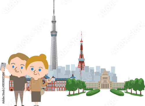 都心で自撮りをしている外国人