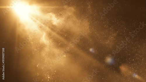 Golden light streams through a smoky atmosphere, with particles and lens flares