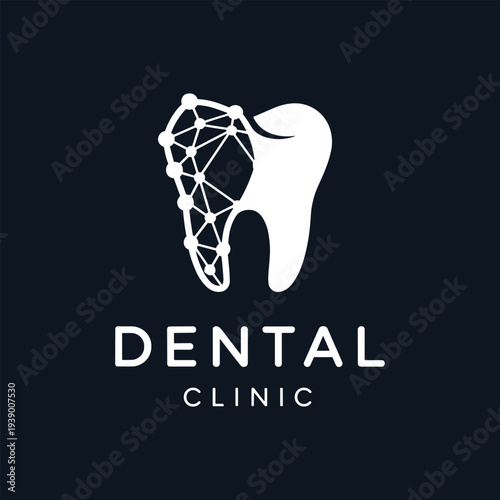 Dental clinic logo with tooth and geometric design on dark background