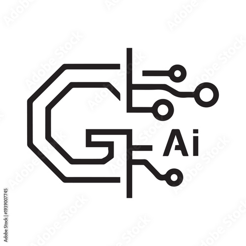 Minimalist circuit board inspired logo with "G" and "Ai" for AI technology