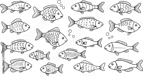 Black and White Line Art Fish Set. Hand Drawn Doodle Collection of Various Aquatic Animals for Nature, Marine Life, and Education Niche.