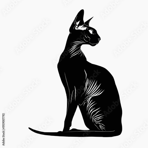 minimalist black vector silhouette of sphynx cat, elegant hairless cat profile for luxury fashion brand, modern alien style feline icon