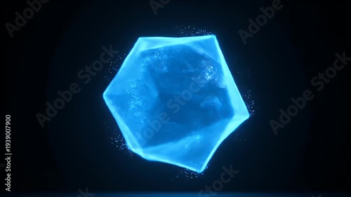 A luminescent, crystalline structure floats in a dark space, glowing blue with subtle textures