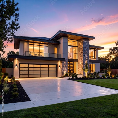 Modern luxury home with a flat roof, lit up at dusk with colorful sky