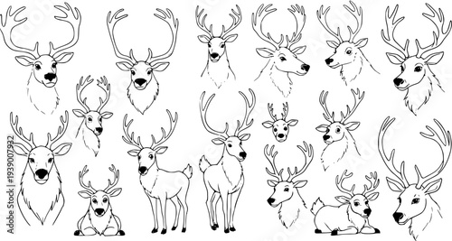 Black and White Line Art Illustration of Various Deer Heads and Figures