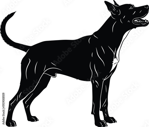Powerful black dog silhouette standing, muscular guard dog vector illustration, isolated pet profile with open mouth, minimalist canine animal art. (24 words)