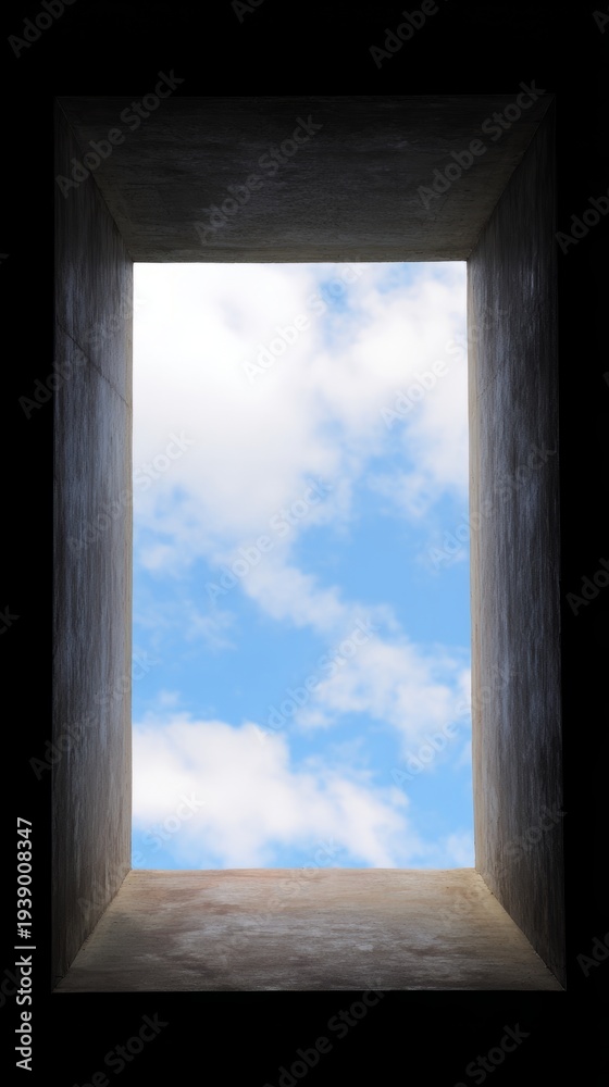 Fototapeta premium sunroof. Rectangular sunroof framing moving clouds against a blue sky, minimalist architectural detail. real-estate listings.