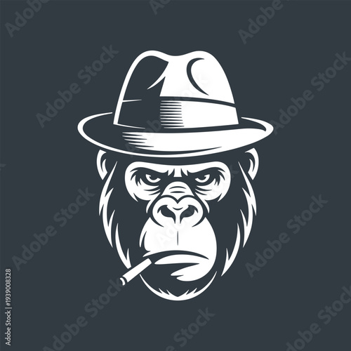 Vector illustration of a gorilla wearing a fedora and smoking a cigar