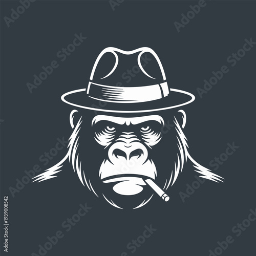 A gorilla wearing a fedora hat and smoking a cigar