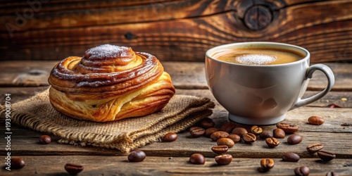 Wallpaper Mural A delightful pastry and a steaming cup of coffee on a rustic wooden surface Torontodigital.ca