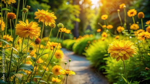 Wallpaper Mural Sunlit Pathway Through a Vibrant Field of Golden Yellow Flowers Blooming in a Lush Garden Torontodigital.ca