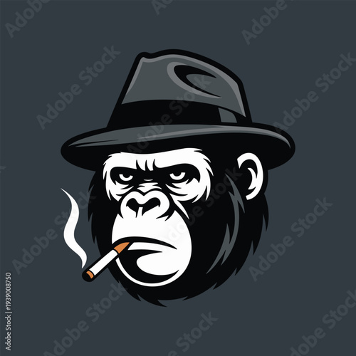 A gorilla wearing a fedora hat and smoking a cigarette on dark background