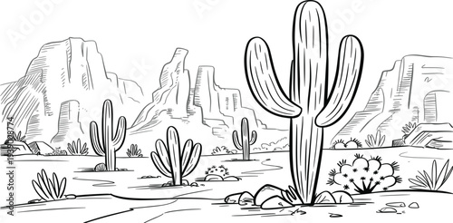Sketchy Desert Landscape with Saguaro Cacti and Rocky Mountains Keywords: desert, landscape, sketch, drawing, saguaro, cactus