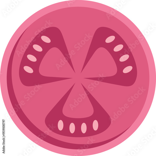 Tomato slice showing seeds and segmented pulp on a white background