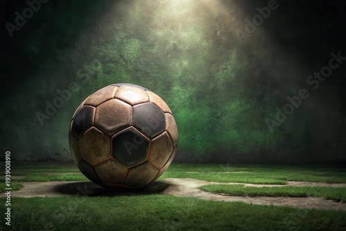 Wallpaper Mural A weathered soccer ball rests on a grassy field, illuminated by a single spotlight against a dark, textured background, evoking a sense of nostalgia and forgotten games. Torontodigital.ca