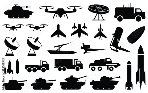 Military Vehicles and Aircraft Silhouettes Collection Vector Graphic