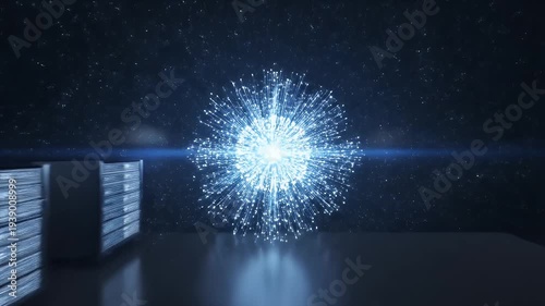 A futuristic tunnel with bright light and streaking lines. Sides display a building design