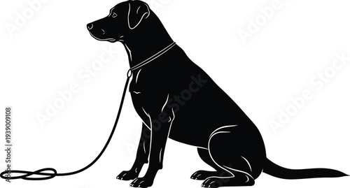 Dog silhouette sitting with leash, pet obedience symbol, animal companion vector, canine training graphic design, pet care icon, educational clipart resource