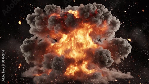 A vibrant, large explosion blooms against a dark backdrop, filled with light and debris