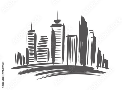 Black and white abstract of a city skyline with varied building heights