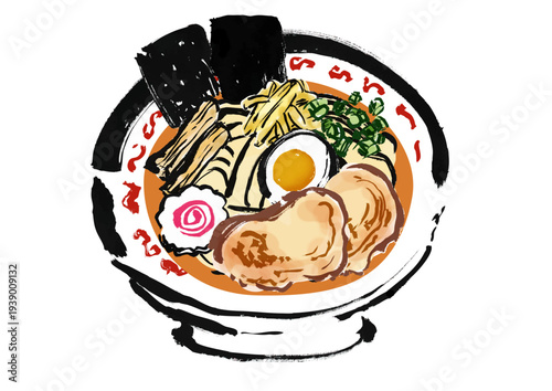 ラーメン（中華そば）の中身のセット　和風筆書きイラスト