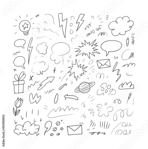 Black and white doodle collection of abstract shapes and