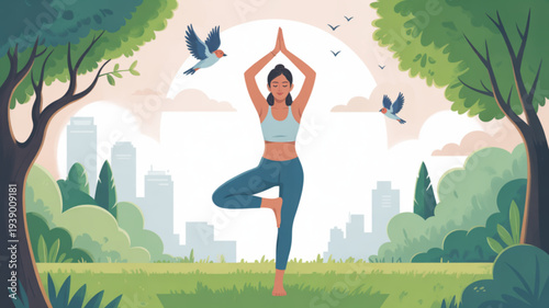 Woman practices yoga in a serene park with cityscape background surrounded by trees and birds in flight embodying balance and harmony