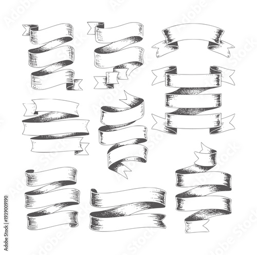 Black and white hand drawn collection of various ribbon banners vintage retro