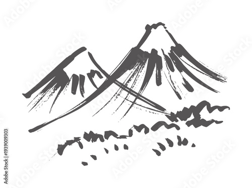 Black and white ink of two snow capped mountains and foreground foliage