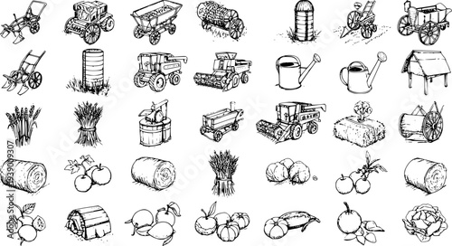 Agriculture and Farming Icons Set - Hand Drawn Black and White Line Art Sketch of Farm Machinery, Harvest, Fruits, and Vegetables