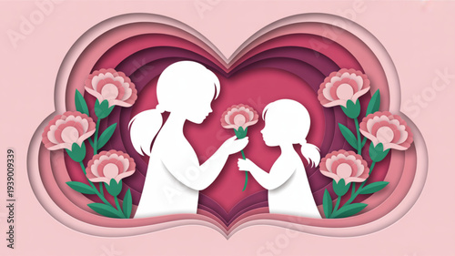 Mother and daughter sharing flowers in a heart shaped frame with layered pink background and floral decorations