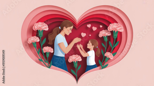 Mother and daughter sharing love surrounded by flowers in a heart shaped frame layered paper cutout style soft pink background warm and tender moment