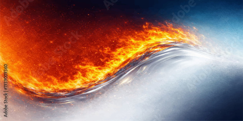 A glowing ball of orange fire and red flames creates a motion design of burning energy and hot smoke as heat meets water against a dark black sky