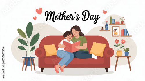Mother and child reading together on a red couch surrounded by plants and books on mother's day