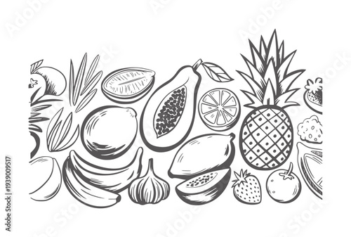 Black and white line of assorted fruits and vegetables banana pineapple papaya