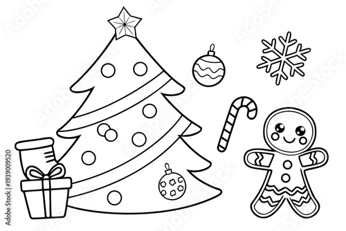 Christmas Coloring Page for Kids - Tree, Ornaments, Stocking, Candy Cane Line Art