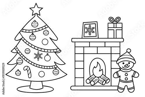 Christmas Coloring Page for Kids - Tree, Ornaments, Stocking, Candy Cane Line Art