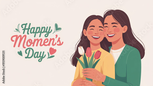 Mother and daughter embracing with flowers happy mother's day illustration tender moment between two smiling women