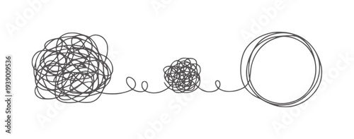 Black and white line of tangled lines becoming a circle messy