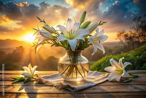 Serene Sunset Blooms A Bouquet of Elegant White Lilies in a Glass Vase, Resting on a Rustic Wooden Table, Bathed in the Golden Light of the Evening Sun