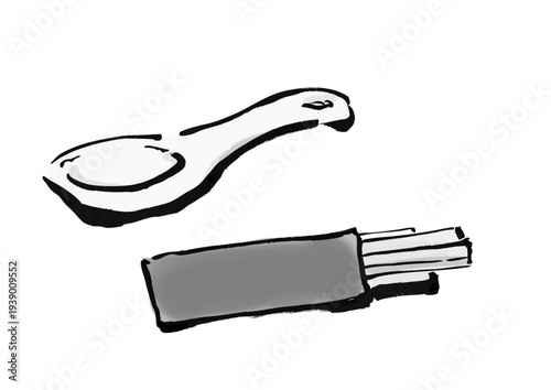 ラーメンのレンゲと箸のセット　和風筆書きイラスト