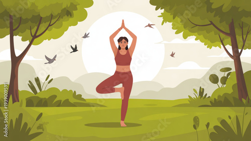 Woman practicing yoga in a serene green meadow surrounded by trees and flying birds under a bright full moon