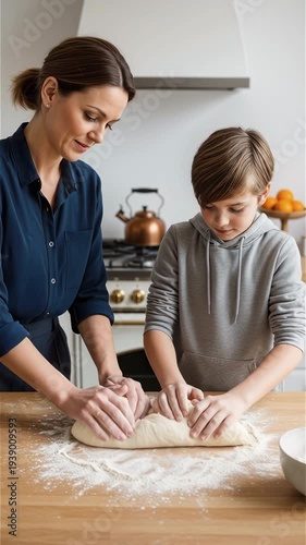 Caucasian mother and son kneading dough in a bright kitchen vertical video