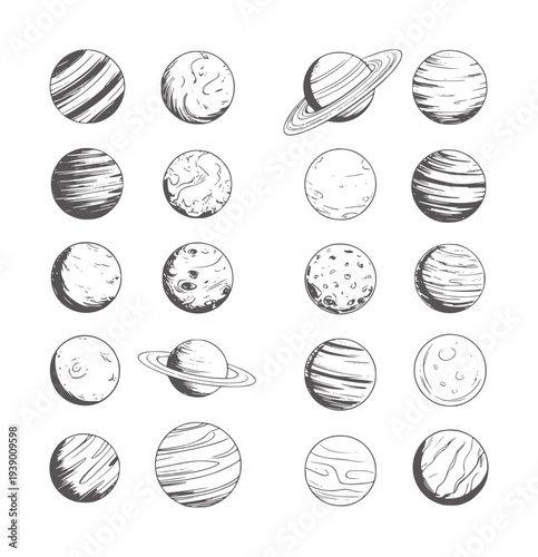 Black and white line of various planets and celestial bodies space monochrome astronomy