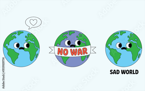 Cartoon Earths Expressing Peace and Sadness Against War