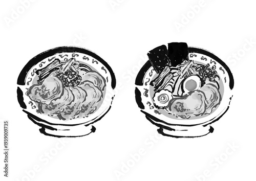 ラーメン（中華そば）とチャーシューメンの和風筆書きイラストセット