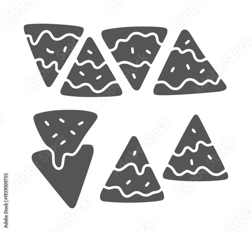 Black and white of triangular nachos with wavy cheese lines and dots tortilla chip